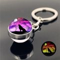 Luminous howling wolf glass pendant keychain with glowing effect in dark purple sky - Purple Starry Sky Moon Howl (XSWX2748-10)