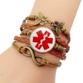 Braunes geflochtenes Diabetes-Lederarmband mit Schmetterling und Unendlichkeitssymbol - Medizinisches Logo (JY007307-2)