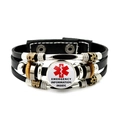 Black leather medical alert bracelet with red Star of Life and emergency information - Emergency Info Inside (JY007308-1)