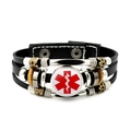 Multilayer leather diabetic medical alert bracelet with red Star of Life glass charm - Star of Life Symbol (JY007308-2)