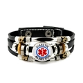 Multilayer black leather diabetic alert bracelet with red Star of Life and beaded accents - Diabetic Alert Dog (JY007308-3)