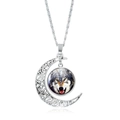Collier lune rétro en argent avec pendentif loup hurlant en verre sur chaîne croisée - Portrait de Loup des Neiges (JY007340-7)