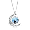 Collier croissant de lune argenté avec pendentif loup hurlant sous le ciel étoilé - Silhouette de Loup sur Ciel Étoilé Bleu (JY007340-11)