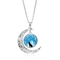Collier lune creuse argentée avec pendentif loup hurlant sous un ciel étoilé - Loup Solitaire du Ciel Étoilé Bleu Foncé (JY007340-13)