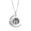 Collier croissant de lune argenté avec pendentif loup et chaîne fine pour femme - Portrait de Tête de Loup Vintage (JY007340-14)