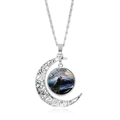 Collier lune en argent avec pendentif loup hurlant sous dôme de verre pour femmes - Loup Coloré Hurlant à la Lune (JY007340-17)