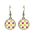 Vintage bronze drop earrings with colorful polka dot pattern and yellow stripes - Multicolored Polka Dots on Light Yellow Striped Background (JY007369-5)