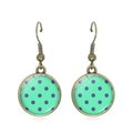 Vintage bronze drop earrings with mint green and purple polka dots in a round frame - Purple Polka Dots on Mint Green Style (JY007369-6)