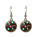 Vintage hook earrings featuring brown round pendants with colorful retro polka dot patterns - Colored Circle Dots on Dark Brown Style (JY007369-7)