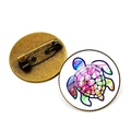 Runde Vintage Meeresschildkröten-Brosche mit buntem Glas-Cabochon und bronzener Anstecknadel - Aquarell Fantasy Schildkröte Stil (JY007411-3)