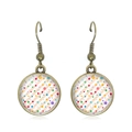Vintage bronze drop earrings featuring colorful retro polka dot glass cabochon - Multicolored Polka Dots on Twill Background (JY007369-11)