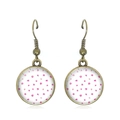 Vintage bronze French hook earrings with pink polka dot pattern in glass round cabochon - Pink Petal Pattern on White Style (JY007369-12)
