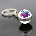 Silver alloy keychain with colorful artistic sea turtle print in a glass dome charm - Bright Color Block Patchwork Style (JY007415-2)