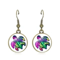Vintage bronze turtle hook earrings with colorful watercolor shell design on white base - Multi-color Watercolor Style Turtle (JY007424-4)