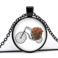 Vintage bicycle flower basket necklace with black round pendant and garden illustration - Black Tricycle Pink Flowers Style (JY007494-6)