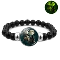 Luminous howling wolf beaded bracelet with black stones and green glow effect - Three Wolves Howling Illustration Style (JY007334-5)
