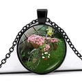 Vintage bicycle pendant necklace featuring pink flowers in a black round frame - Iron Bike Pink White Floral Style (JY007494-7)