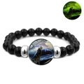 Luminous howling wolf bracelet with black beads and green glowing pendant in the dark - Starry Sky Wolf Howling Style (JY007334-6)