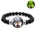 Luminous howling wolf black beaded bracelet with glowing green glass pendant design - Wolf Head Green Luminous Style (JY007334-7)