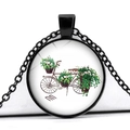 Vintage bicycle flower basket necklace with black alloy chain and glass pendant - White Bicycle Green Plants Potted Style (JY007494-8)