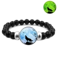 Black beaded stretch bracelet with wolf howling at the moon luminous glass charm pendant - Blue Night Wolf Shadow Style (JY007334-11)