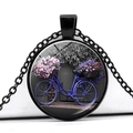 Vintage bicycle necklace with a glass pendant featuring blue bike and pink flowers - Blue Bicycle Pink Purple Floral Style (JY007494-9)