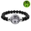 Luminous howling wolf bracelet with black beads and green glowing moon effect charm - Artistic Realistic Wolf Head Style (JY007334-14)
