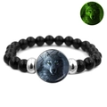 Luminous black beaded howling wolf stretch bracelet with green glow glass cabochon - Green Eyes Wolf Head Style (JY007334-15)