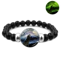 Luminous black beaded bracelet with howling wolf and moon charm glowing in dark - Wolf Howling Galaxy Starry Sky Style (JY007334-17)