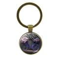 Vintage bronze keychain with round glass pendant featuring a blue bicycle and flowers - Bright Blue Bike Fence Pattern (JY007497-9)