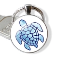 Porte-clés tortue de mer en verre bleu avec base en alliage argenté poli - Tortue de Mer Ton Bleu Frais (JY007416-5)
