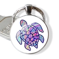 Porte-clés tortue de mer colorée avec cabochon en verre rond et anneau métal - Tortue de Mer Multicolore Psychédélique (JY007416-6)
