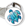 Porte-clés rond en argent avec cabochon en verre tortue marine bleue et clé métallique - Illustration Tortue de Mer Bleu Foncé (JY007416-7)