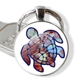 Porte-clés cabochon en verre tortue marine artistique argenté avec illustration colorée - Tortue de Mer à l'Aquarelle (JY007416-8)
