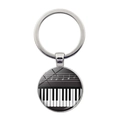 Silver round keychain with glass pendant featuring piano keys and musical notes design - Staff Note Piano Keys Style (JY007514-5)