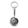 Silver vintage bicycle flower basket keychain with rotating crescent moon charm - Blue Bike Pink Petals Style (JY007502-10)