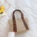 Handmade straw tote bag with brown straps and V-shape weave for summer beach vacations - Brown
