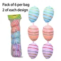 Set of 6 striped Easter eggs in pink, blue, and purple foam with hanging ribbons - Pink Blue Purple Wrapped Style (F17053-A) / Set of 6