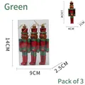 Set of 3 green glitter Nutcracker soldier Christmas ornaments with gold hanging strings - Green