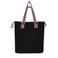 Large black canvas tote bag with multi-color striped handles and drawstring detail - Black