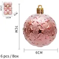 Set of 6 pink matte Christmas balls with star reliefs and golden hooks in a box - Rose Gold
