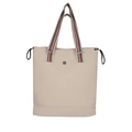 Minimalistische beige Nylon-Einkaufstasche mit rot-blau gestreiften Trägern für Damen - Gebrochenes Weiß