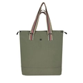 Green canvas tote bag with striped handles and flower embroidery detail - Green