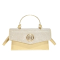 Elegante goldene Mini-Handtasche mit Strasssteinen und Metall-M-Logo auf weißem Grund - Gold