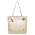 Stroh-Stofftasche mit weißem PU-Leder-Patchwork und Baumwollseilgriffen für den Sommer - Khaki