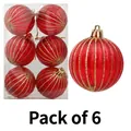 Set di 6 decorazioni natalizie, palline rosse con strisce dorate glitterate e ganci - Specifica Predefinita / Rosso