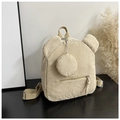 Detail of beige corduroy backpack with cute bear ears and matching round coin purse charm - Khaki