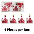 Christmas red house ornaments with white snow texture details, 4 pieces per box - Red