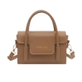 Minimalistische braune PU-Leder Umhängetasche mit rundem Griff und FASHION-Logo - Khaki