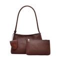 Dark brown woven tote bag set with matching inner pouch and shoulder strap detail - Shoulder Bag And Pouch / Brown